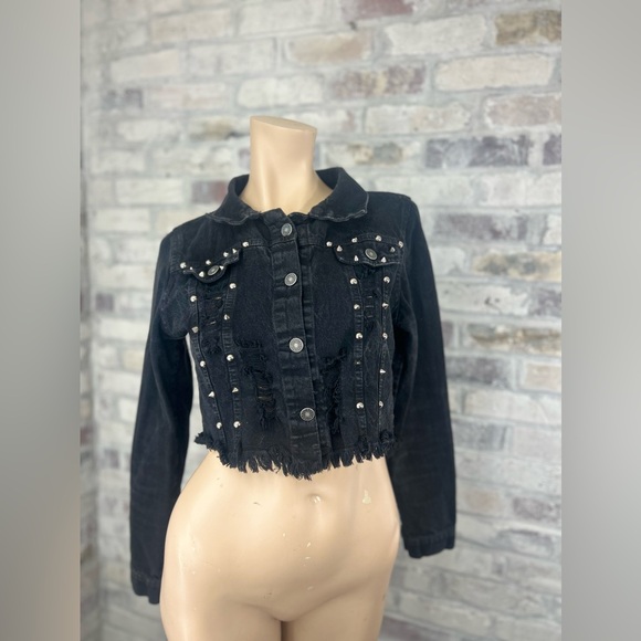 Dakota Edgy Cropped Black Studded Denim Biker Jacket Women’s Size‎ Small - Picture 1 of 10